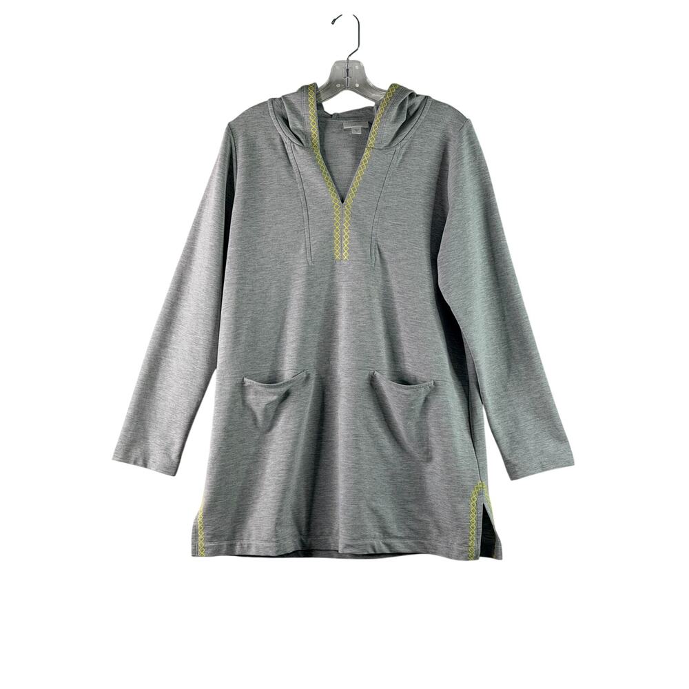J. Jill Fit Long Sleeve Hoodie Embroidered Pullover Knit Tunic Gray Yellow Med